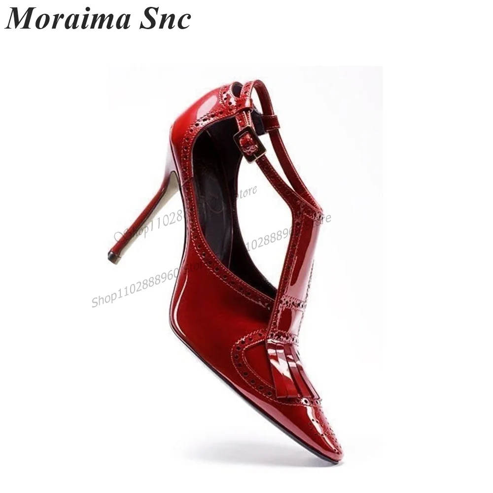 Red Patent Leather Carve Short Tassels Pumps Thin High Heel Women Shoes Ankle Buckle Strap Pointed Toe 2023 Zapatos Para Mujere