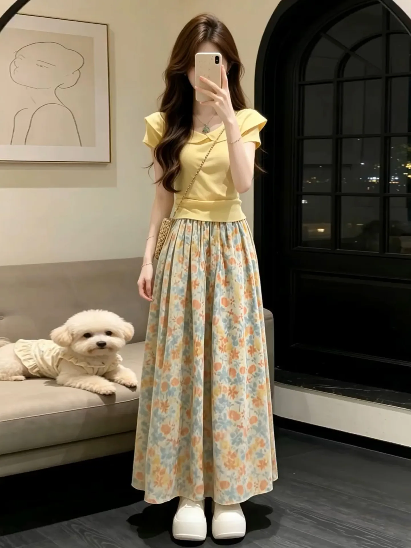 

Stunning Yellow Floral Print Dress Women's Summer 2026 New Small Size Matching Set Long Dress Sweet Japanese Style High Waist