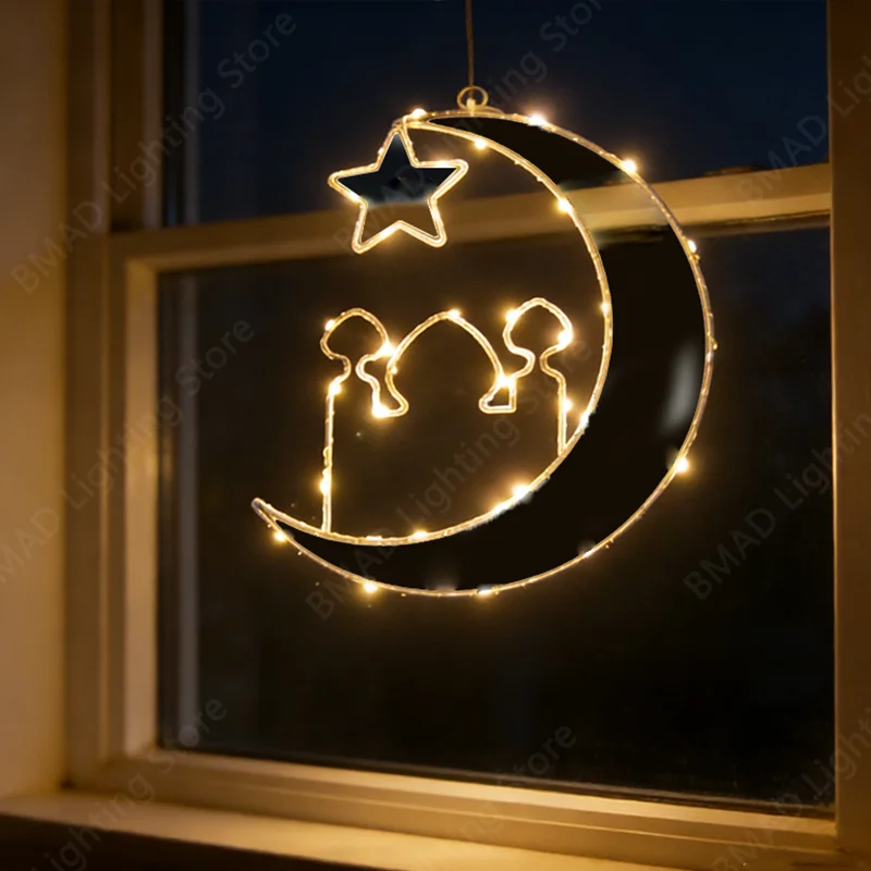 

Рамадан Звезда Луна Огни Дворцовое Украшение Окна Фестиваль Праздничная Вечеринка Атмосфера Освещение Ид Мубарак Украшение