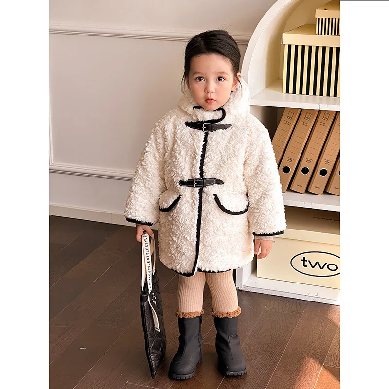 

Girls Fleece Cotton Jacket 2024 Winter New Thickened Warm Leather Buckle Medium Long Coat Baby Winter Coat Fashion Clothes