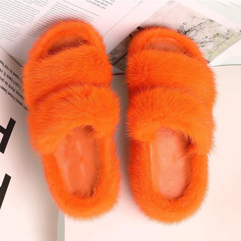 Women\'s Fur Slippers Female Designer Shoes For Women 2024 Woman Outside Flat Fashion Ladies Mink slippers Girls Mink Fur Slipper