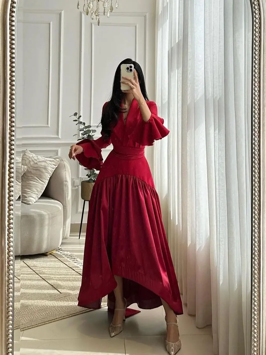 

Flare Sleeves Prom Dresses A-Line Back Sash Ankle-Length Asymmetrical Elegant Robes De Arabia Formal Occasion Dresses