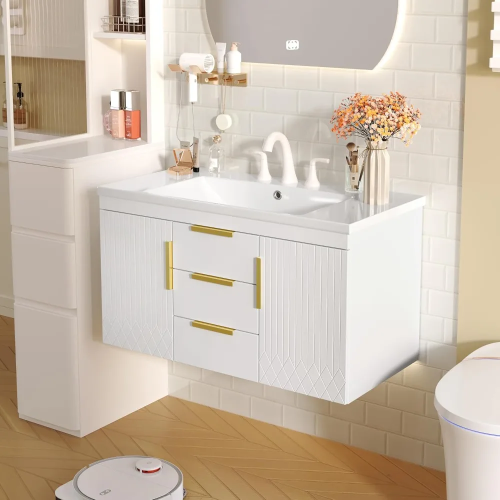 

36 Inch Floating Bathroom Vanity Cabinet with Sink, Modern Wall Mounted Bathroom Vanity with 2 Drawers & 2 Doors