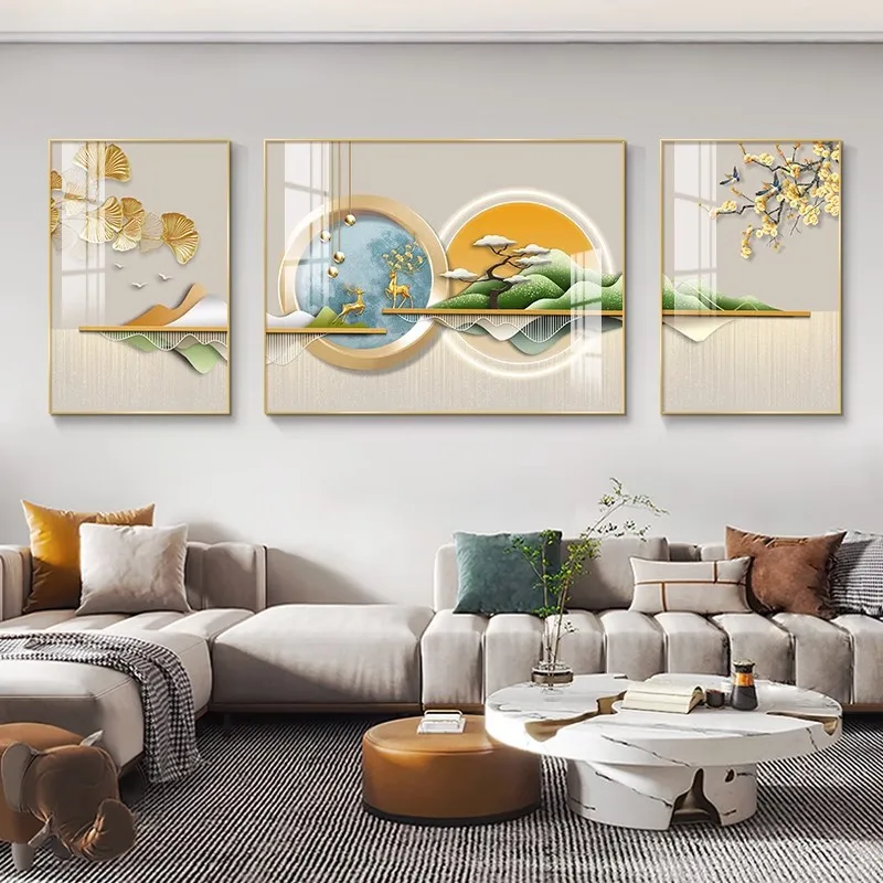 High-end Living Room Hanging Decorative Painting Traditional Light Luxury Fulu Triptych Aluminum Alloy Framed Tempered Crystal