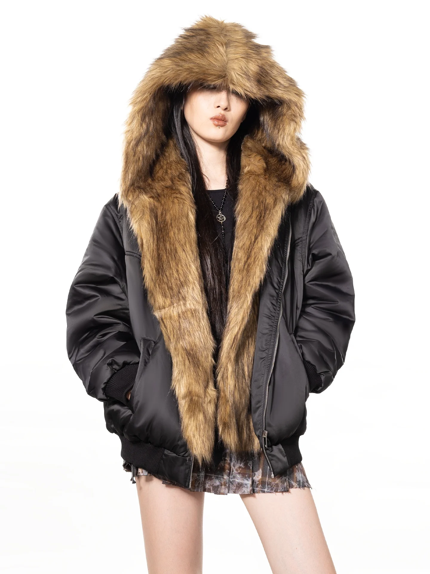 

American Retro Splicing Jaet Coat Women's Loose Thi Warm Cotton Outerwear Coat with Fur Collar Long Sve Zipper Closure
