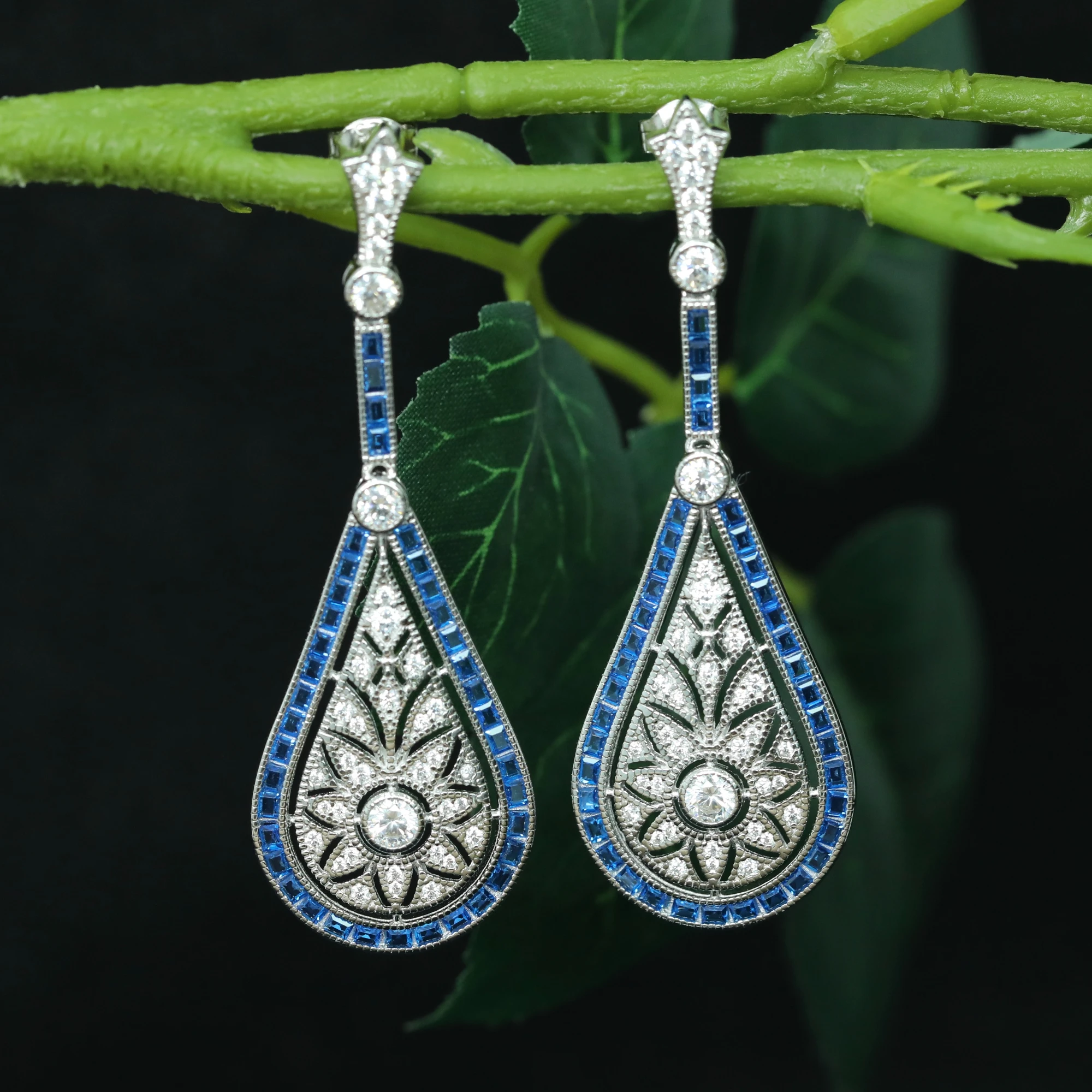 Vintage Lab Grown Spinel Drop Earrings Art Deco 925 Sterling Silver Statement Fine Jewelry for Women's Engagement banquet Gifts