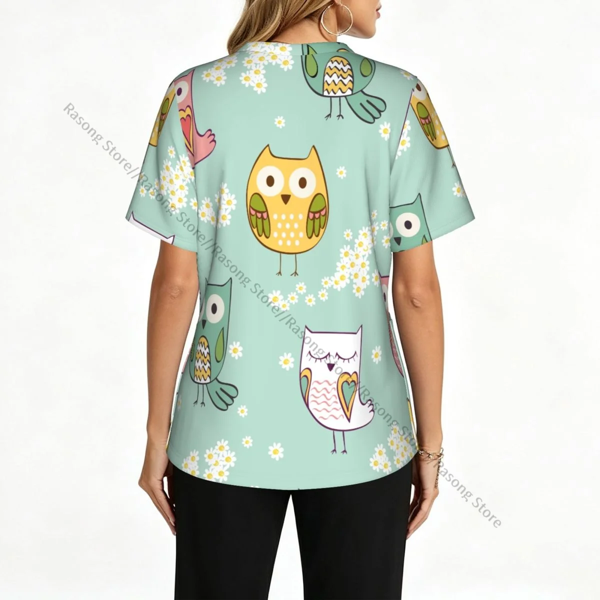 Cute Floral With Colorful Owls Scrubs tops medical uniforms women V Neck Stretch Scrub Shirt Dentist doctor Blouse