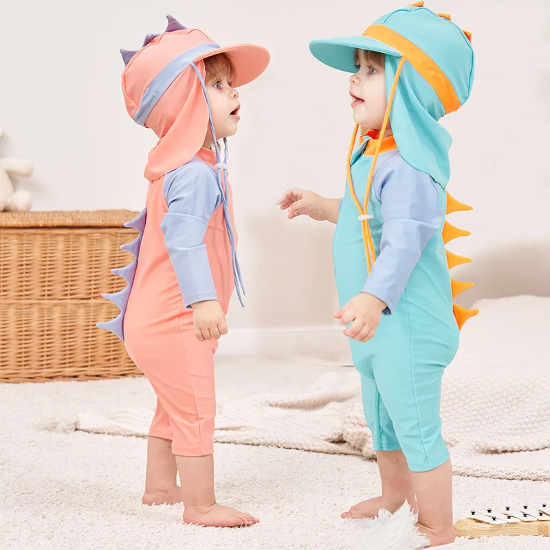 

1-7Y Baby Boys Girls One Piece Swimwear Swimsuit Dinosaur Style Children Bathing Beach Suit Long Sleeve Sunscreen With Sun Hat