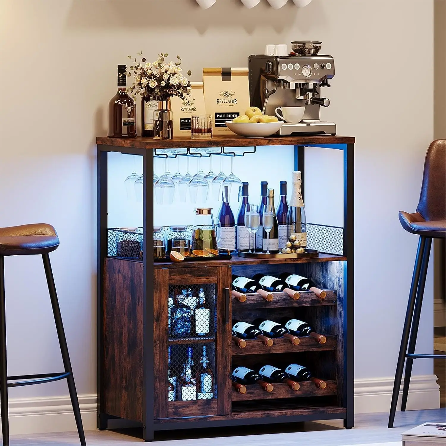 Industrial Bar Cabinet with LED Light & Glass Rack, Adjustable Wine Storage with Mesh Doors, Retro Home Bar, Customized