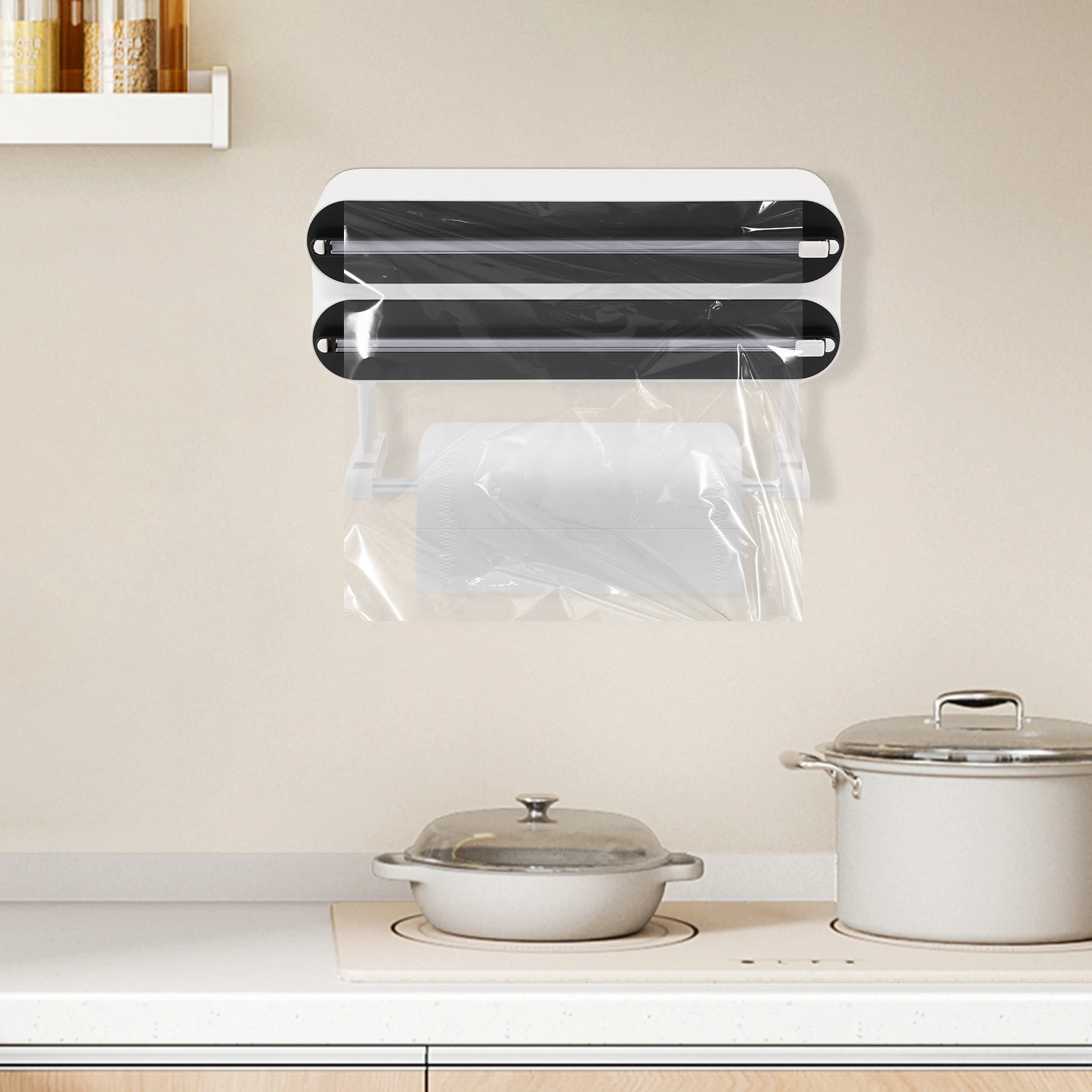 Wandmontierter Frischhaltefolien-Spender mit 2 Haken, 3-in-1 Wandrollenhalter für die Küche, Aluminiumfolien-Spender (ohne Frischhaltefolie) – Detail 10