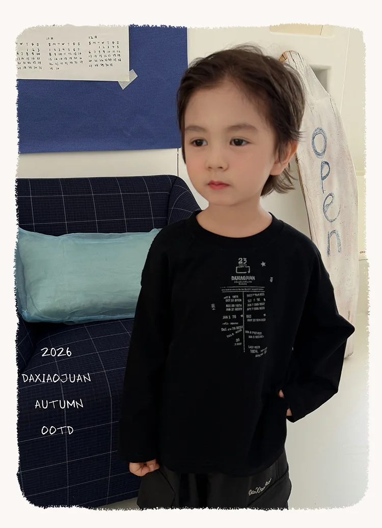 2026 New Boys Letter Printed Cool Korean Casual T Shirt Loose Round Neck Versatile Cotton Undershirt Top