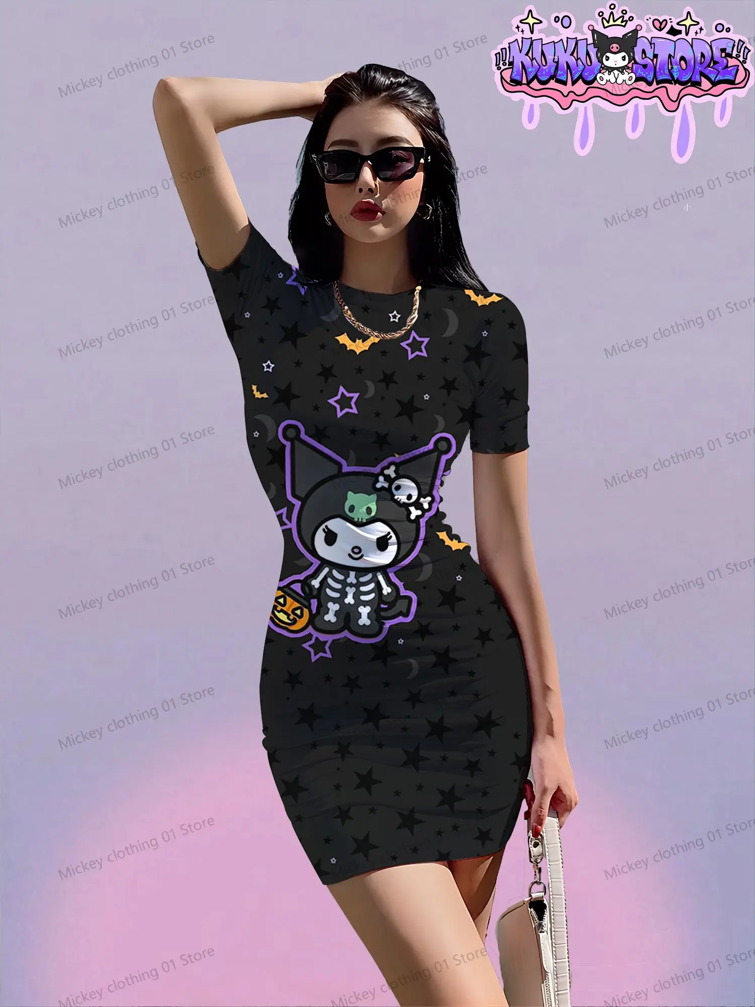 Kawaii Frauen Kurzarm Hüft kleider Kuromi würziges Mädchen Kleid S-3XL Boho Y2K Anime Sanrio 2024 Sommer o Hals Mode elegant