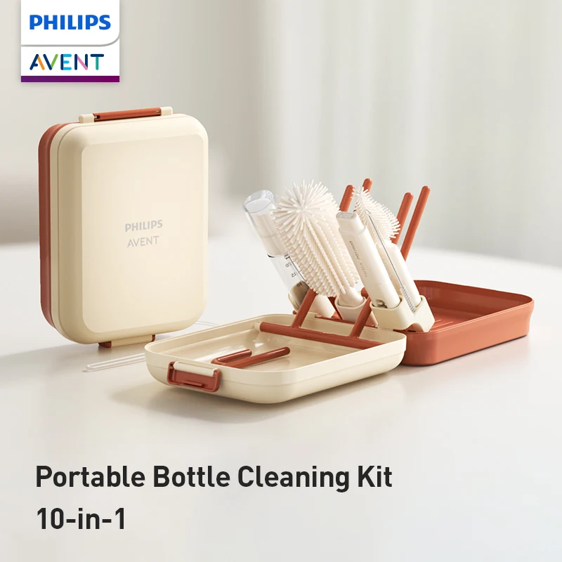 Kit de Limpieza de Biberones Philips Avent 10 en 1, Cepillo de Silicona Libre de BPA, Soporte de Secado Plegable, Estuche de Almacenamiento Portátil