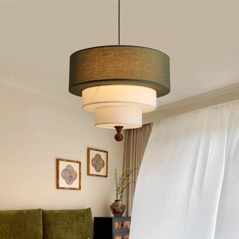 

Modern White Green Fabric Lampshade Pendant Lights Living Room Bedroom Restaurant Study French Hanging Lamps with Wood E27 Bulb