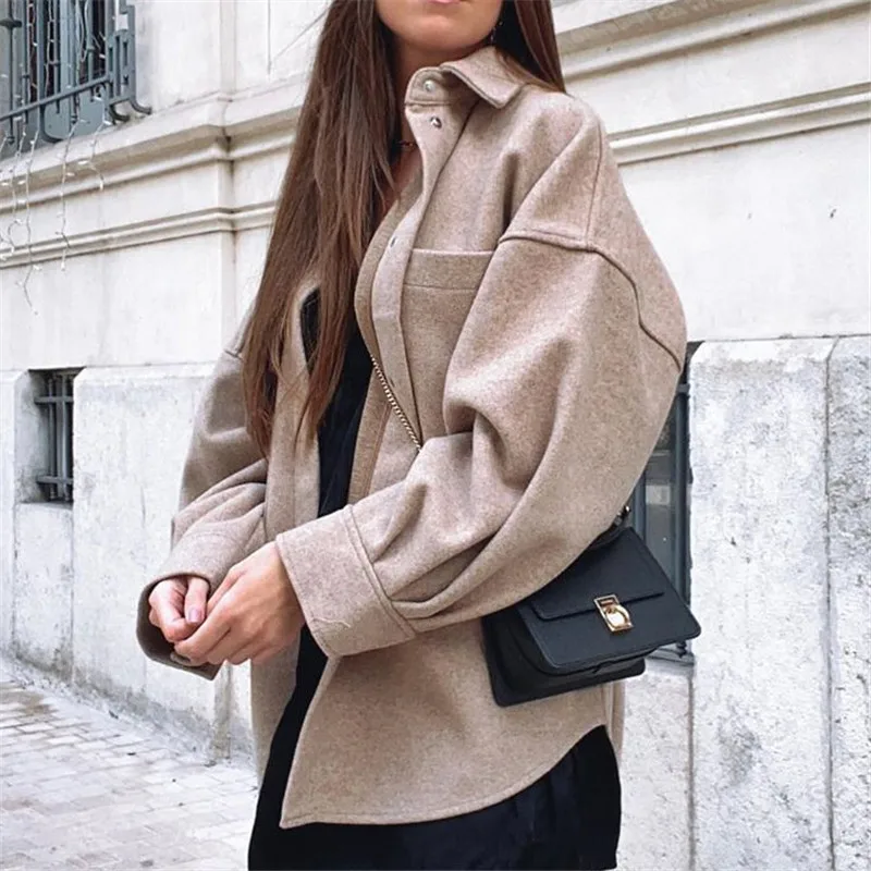 Autumn Fashion Ladies Soft Coats Elegant Girls Chic Big Pocket Tops Outerwear  Women Oversize Woolen Solid Casual Jackets