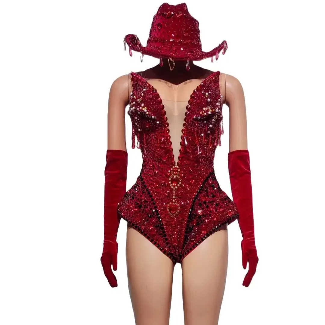 Sparkly Diamonds Deep V Neck Bodysuit Gloves Hats Set for Women Sexy Performance Dance Costume Dancer Show Stage Wear Qianwan