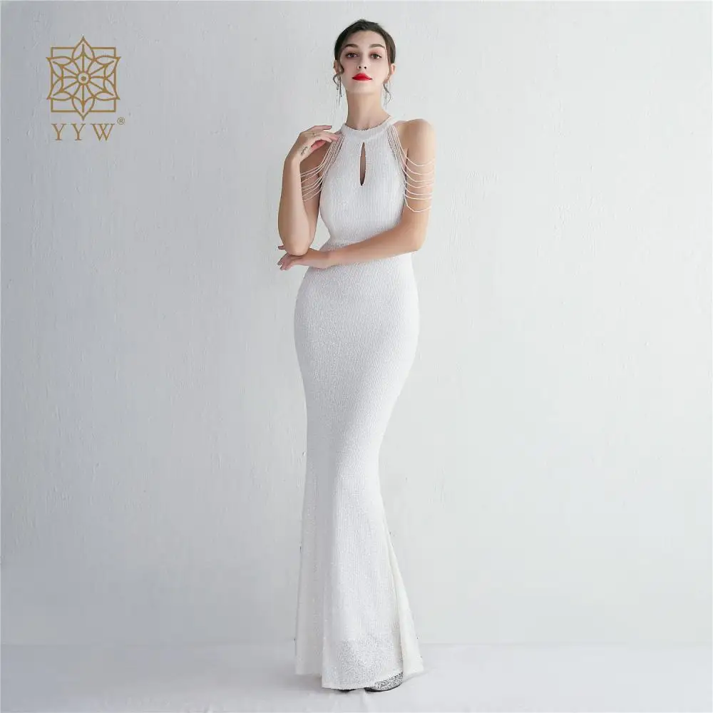 Abito da sposa bianco Halter Hollow abito da sera lungo con paillettes Off spalla perline abito da sposa senza maniche abiti da sera a sirena