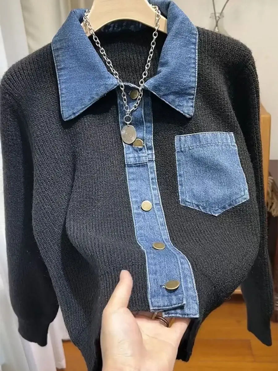 Chic Cropped Cardigan Jacket Women Designer Polo Neck Denim Patchwork Jumper Spring Autumn Jacket Y2k Harajuku Short Tops New