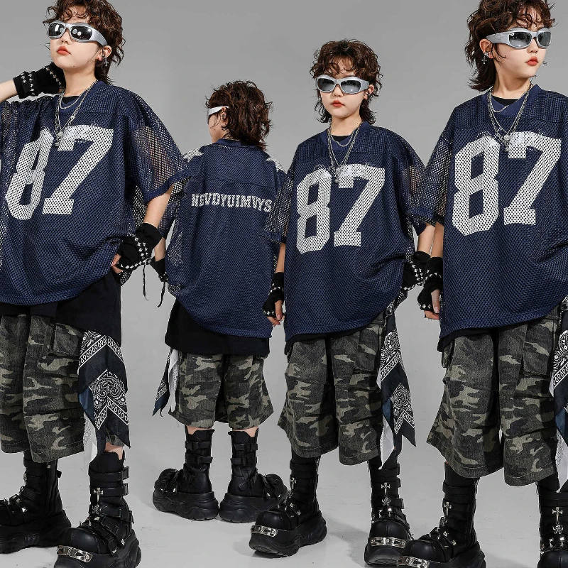 

Boys Jazz Modern Dance Costumes Navy Blue Mesh Tops Camo Shorts Outfits Group Hip Hop Dance Performance Stage Wear Clothes