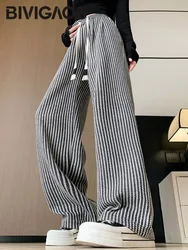 BIVIGAOS Vertical Striped Woolen Pants Women High Waist Straight Leg Retro Casual Trousers Drawstrings Lazy Wide Leg Pants