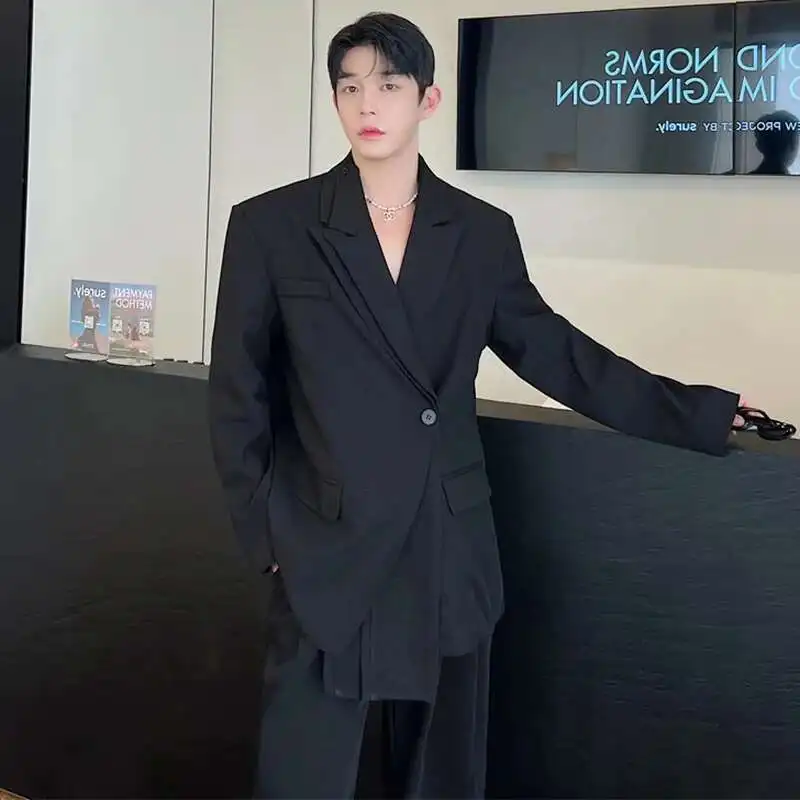 LUZHEN Korean Stylish Splicing Design Blazer Coat Asymmetric Men\'s Ribbon Decorate Trendy Personality Fake Two Piece New LZ6716