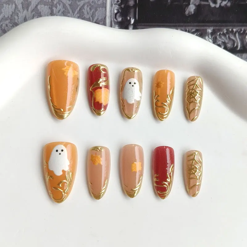 10Pcs French Style Almond Shape Halloween Cat Eye Press on Nails Phantom Maple Leaf Gilded Atmosphere Nails False Nail Stickers