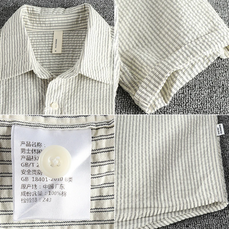 Custom woven seersucker breathable fabric vintage tooling short-sleeved shirt for men summer all fashion youth lapel T-shirt