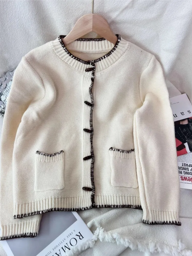 Новый вязаный кардиган с цветными блоками, осенне-зимний свитер с круглым вырезом в стиле ретро, повседневный женский свитер с длинными рукавами