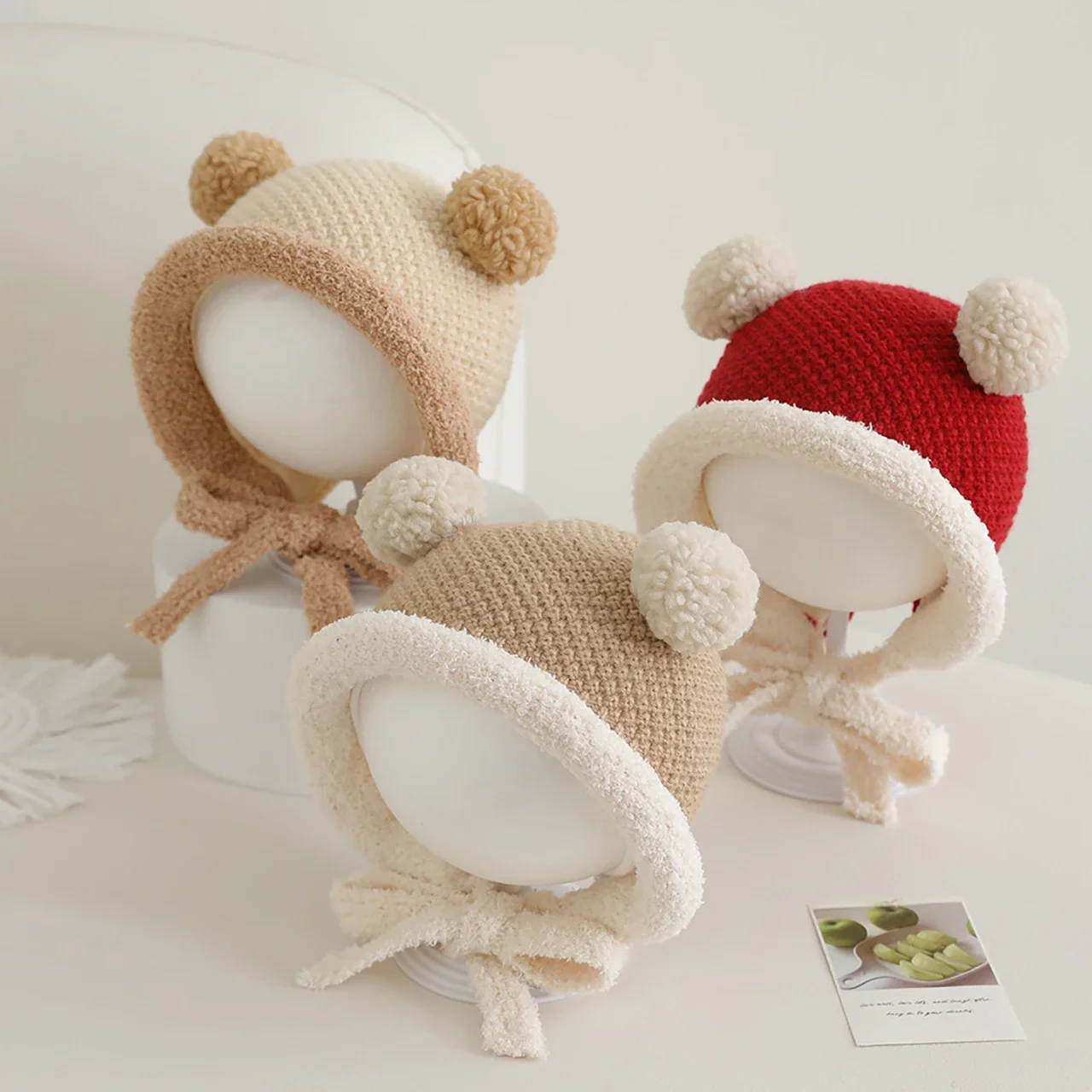 

Winter Thicken Warm Baby Lacing Hat Double Pompom Baby Boys Girls Cap Beanies Soft Infant Toddler Hat Bonnet