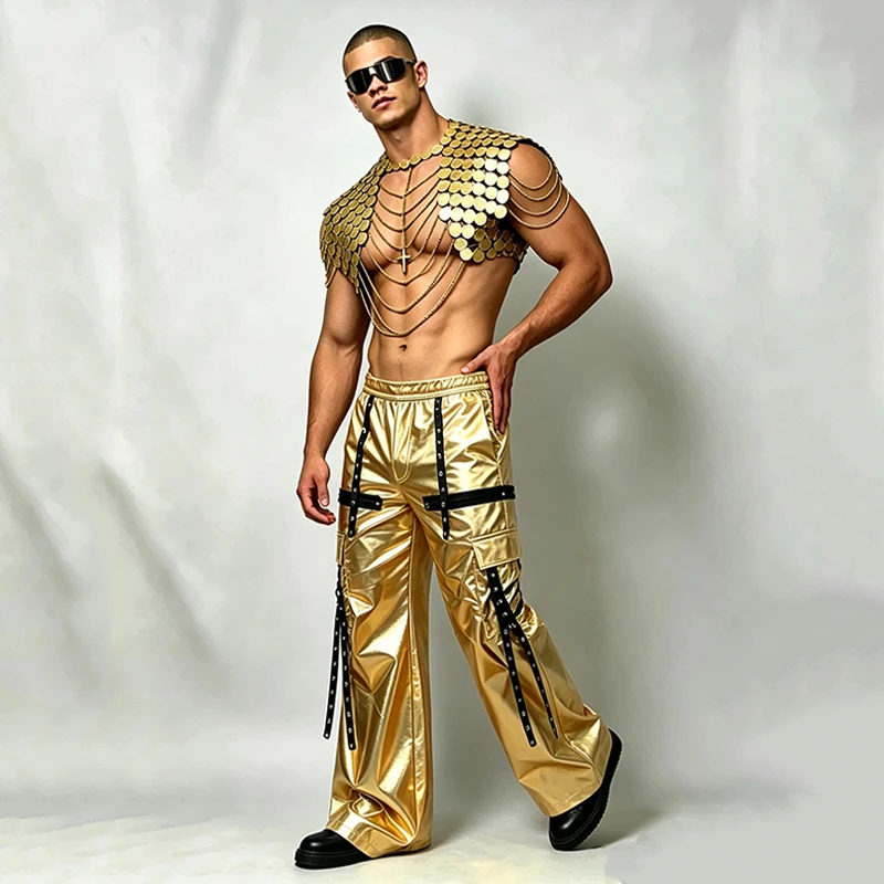 Gogo Dance Costume Men's Show Stage Outfit Futuristic Performance Clothes Gold Mirror Top Jazz Pants Nightclub Party Wear 5780
