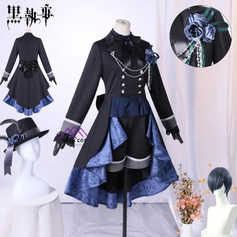 

Anime Black Butler Ciel Cosplay Costume Black Rose Anime Clothe Hat Wig Full Set for Women Halloween Party Role Play Love Live