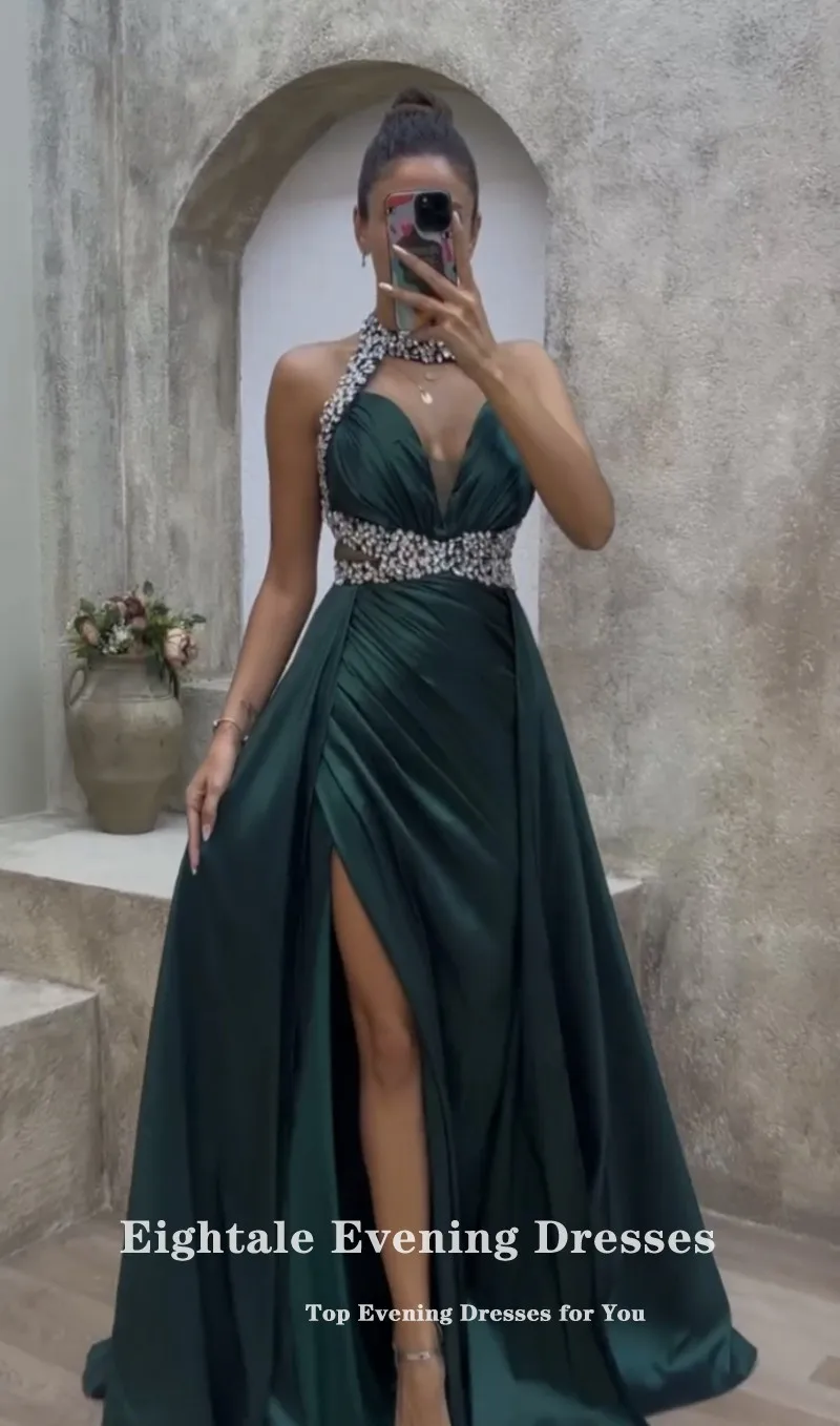 Eightale Dark Green Evening Dress Satin Halter Beaded with Crystals Formal Arabic Prom Gown Wedding Party Dress Vestidos De Noch