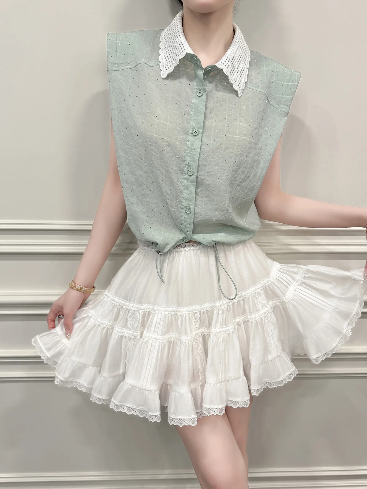 

Ele ex ort Sve irt with Dstring And Rhinestone Hem Versatile High Quali Design by Yuxiao Xiao for Spring ...