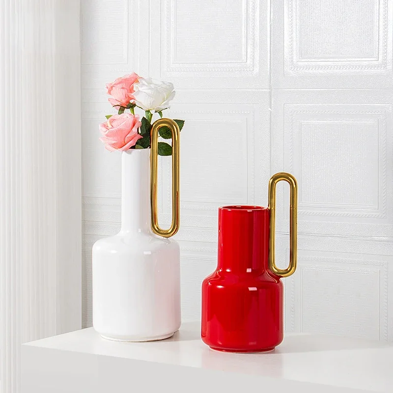 

Ceramic Vase Gold Oval Handle Abstract Geometry Kettle Shape Flower Vase Hydroponic Accessories Home Decoration Accessories