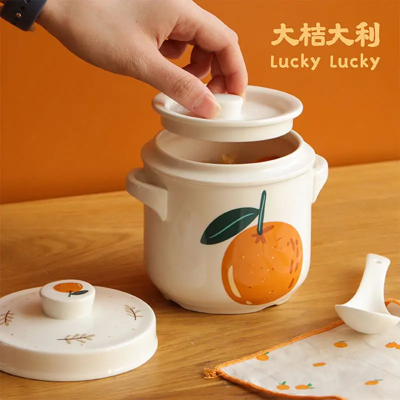 

WSHYUFEI Ceramic Stew Pot High Temperature Resistant Binaural Water Stew Household Cute Soup Pots Steamed Egg Cup