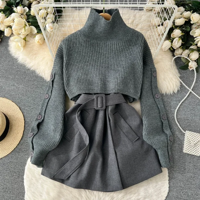 Hikigawa Chic Fashion Turtleneck Knitted Women Pullovers +Slim All Match Solid Bandage Skirts Spring New 2 Set Ropa Mujer