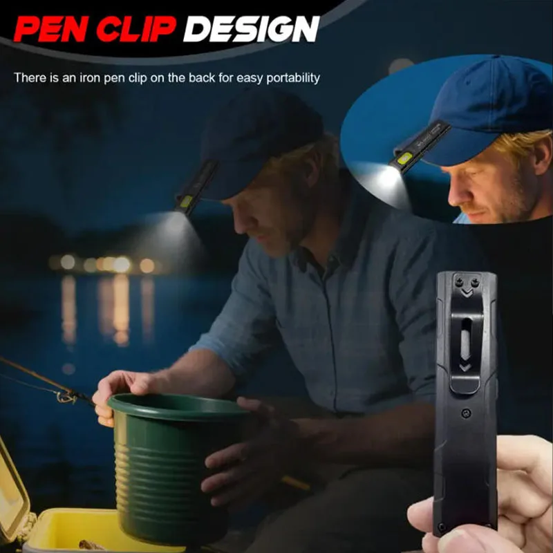 Мини-тонкий фонарик EDC с хвостовым магнитом, USB перезаряжаемый рабочий фонарь COB с зажимом для ручки для наружного кемпинга, Fishling