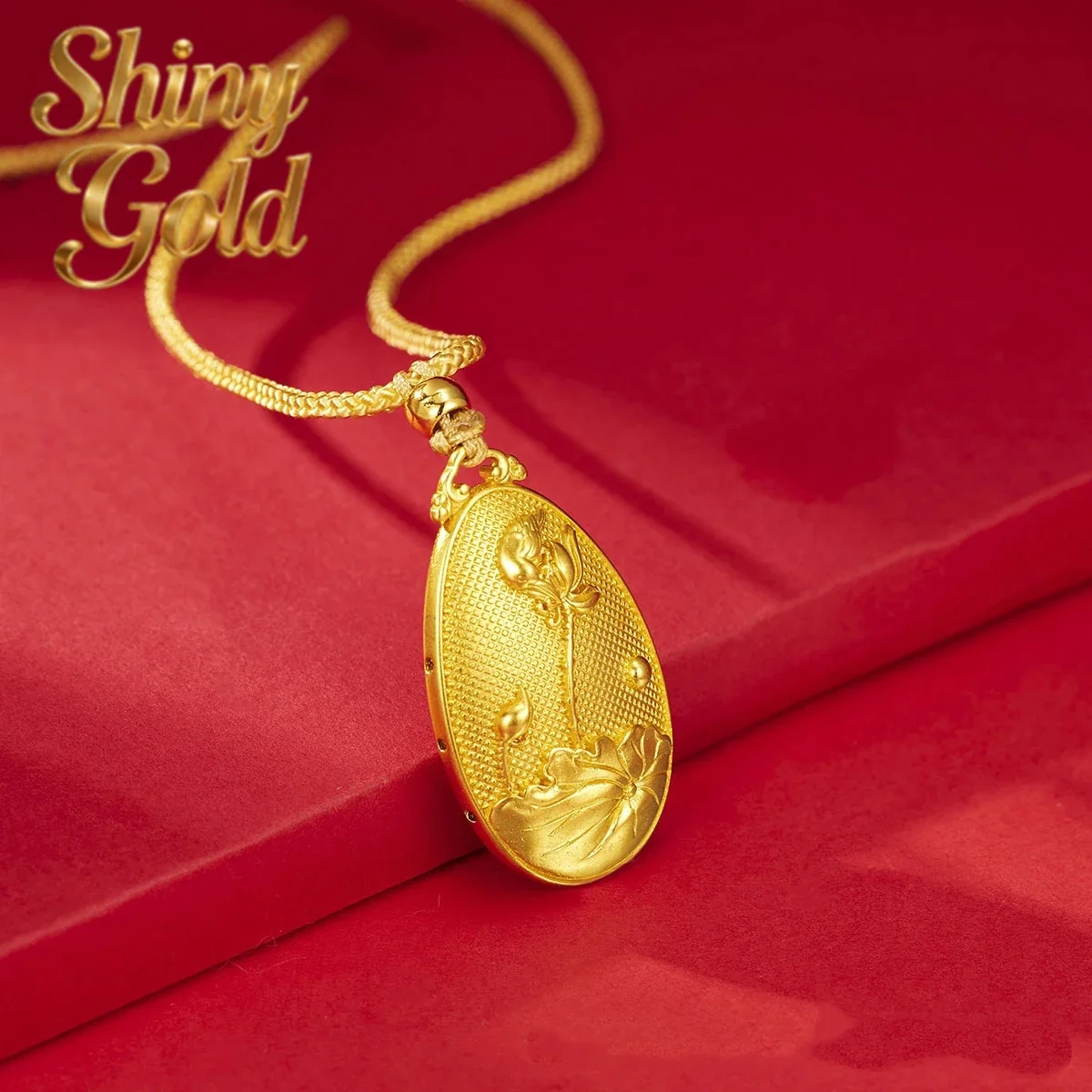 ShinyGold Gold shop 24K real gold water droplet pendant lotus seed pendant au9999 pure gold necklace for women braided necklace