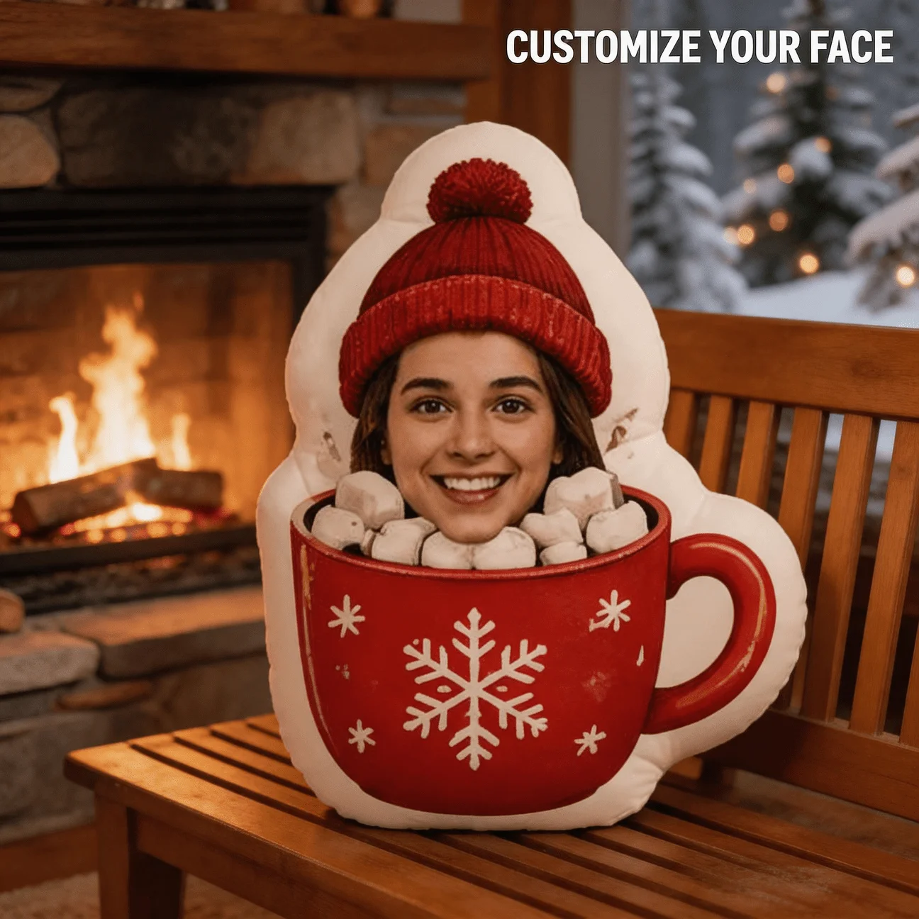 Custom Photo Hot Cocoa Mug Shaped Pillow, Personalized Face In Red Cup with Marshmallows & Beanie Decorative Cushion, 70cm Uniqu