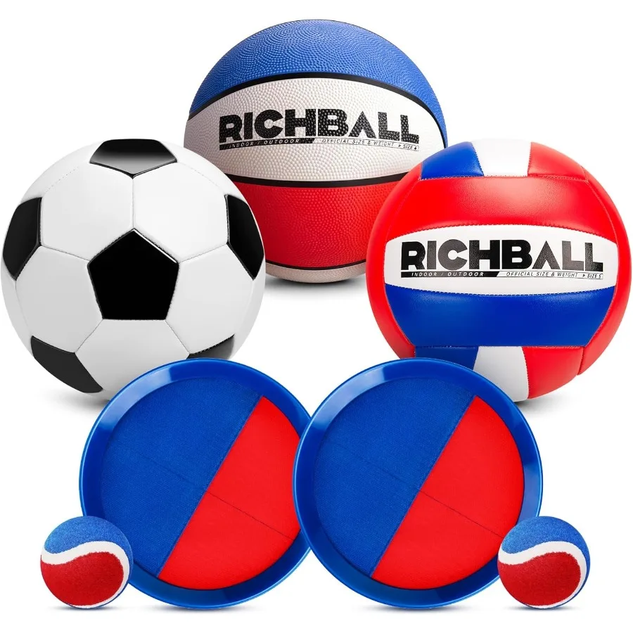 

Набор спортивных мячей на открытом воздухе 4 в 1 для футбольного мяча, баскетбола, волейбола и игры TossandCatch Paddle для мальчиков и девочек 412 лет