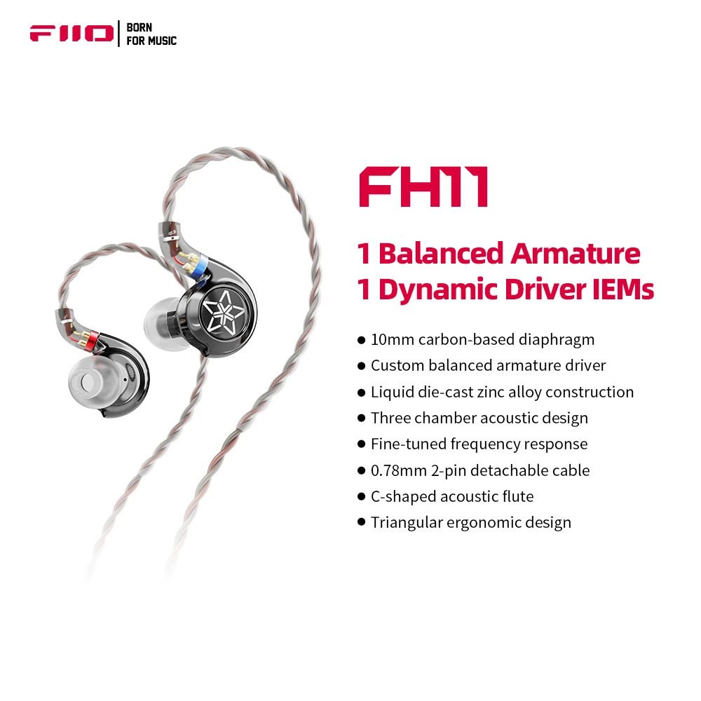 

FiiO FH11 HiFi 1DD+1BA Hybrid Driver In-ear IEM Earphone with Detachable 0.78 2Pin Cable hifi stereo wired earbuds for Musician