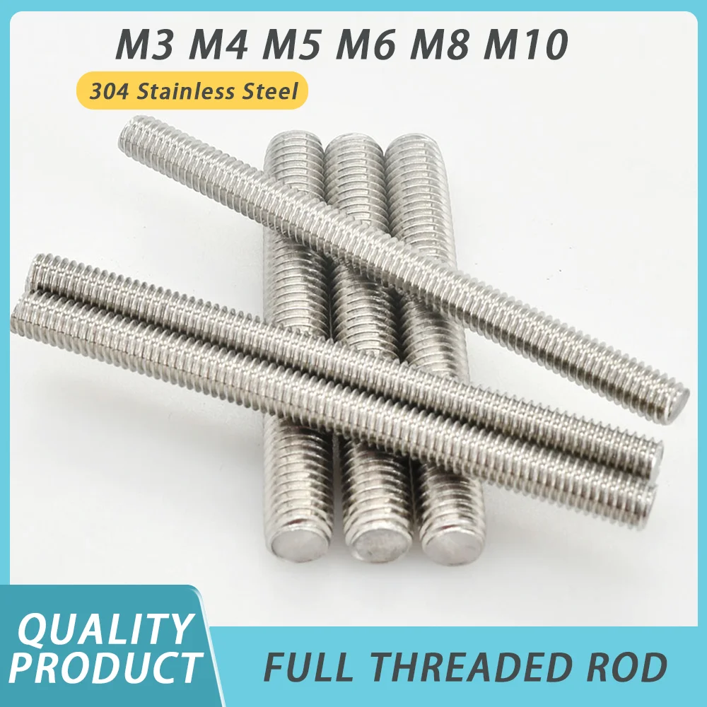1-8pcs Full Threaded Rod Screw M3 M4 M5 M6 M8 M10 304 Stainless Steel Fully Metric  Headless Bolt Thread Stud Rods Screws