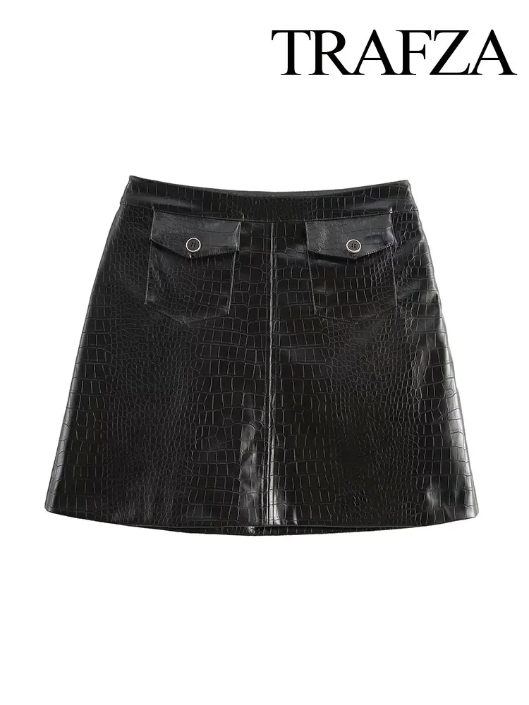 TRAFZA Fashion High Waist Pocket Zipper Decoration Sexy Women Summer Chic Embossed Mini Leather Skirt Women A-line Skirt