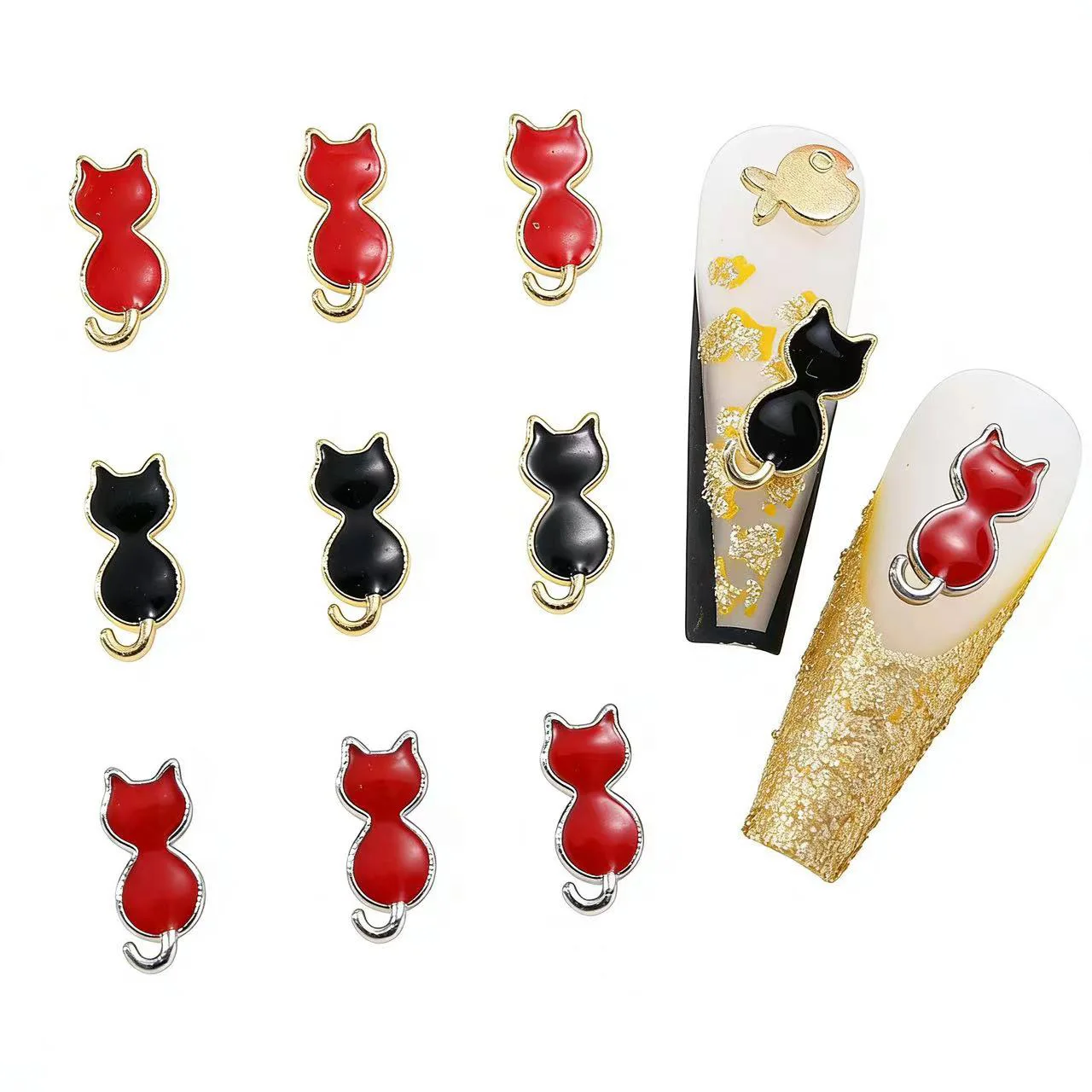

10 pcs Alloy Cartoon Cat Nail Art Charms Gold Silver Bottom Red Black Cats Nail Supplies 3D Kawaii Manicure Accessories 4.5*10mm