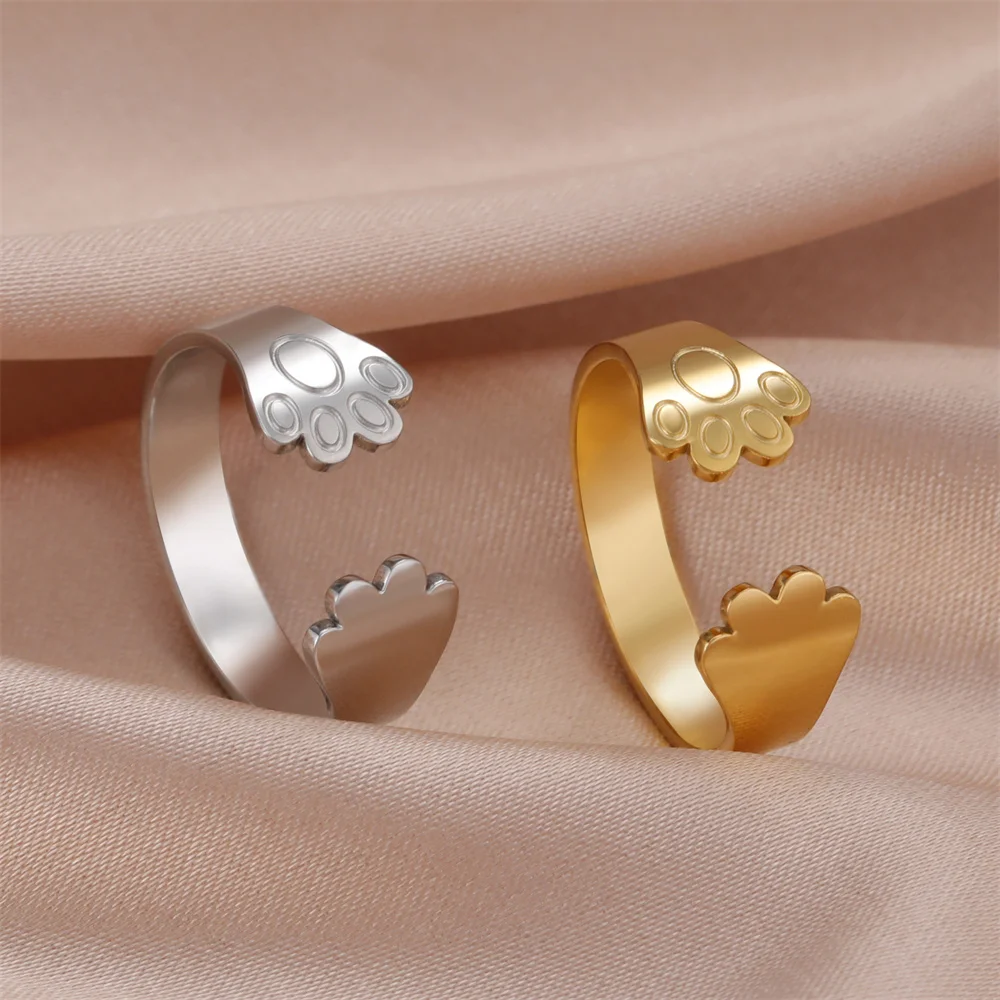 My Shape Cute Dog Cat Paw Rings for Women Girls Lovely Dog Footprints Resizable Stainless Steel Finger Ring Fashion Jewelry Gift