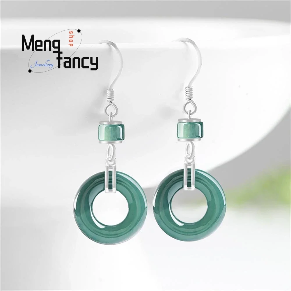 

High-grade S925 Silver Inlaid Natural A-goods Jadeite Blue Water Ice Jade Earrings Elegant Fashion Jewelry Sexy Young Girls Gift