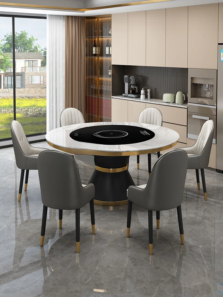 Light luxury rock dining table and chair combination small household round table multifunctional electric turntable induction