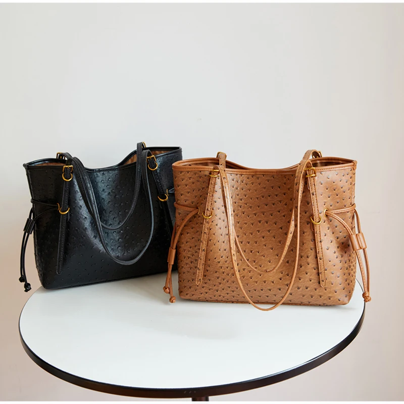 

Brand Ostrich Print Women's Tote Bag Fashion High-quality Pu Drawstring Handbag New Simple Elegant Large Capacity Shoulder Bag