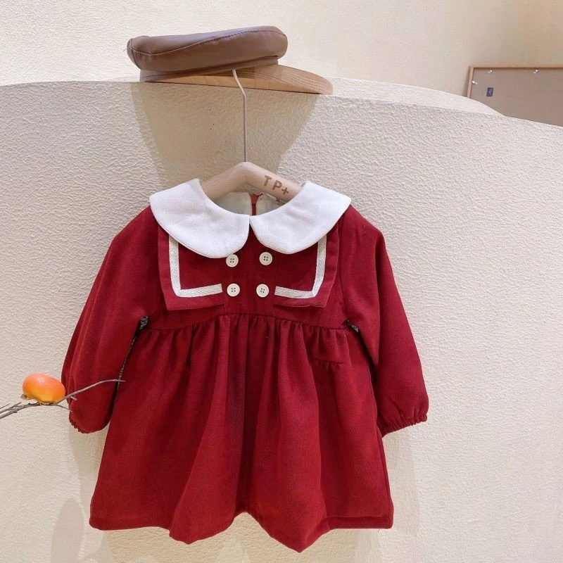 Girl\'s Red Velvet Dress Autumn Winter Thickened Baby Girls Doll Collar A-line Princess Dress Sweet One Year Old Birthday Dresses