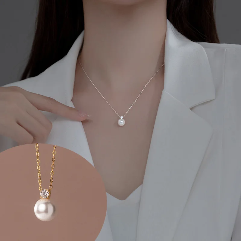 

100% 925 Sterling Silver Pearl Geometric Necklace for Women Girl Zircon Simple Round Design Jewelry Party Gift Dropshipping